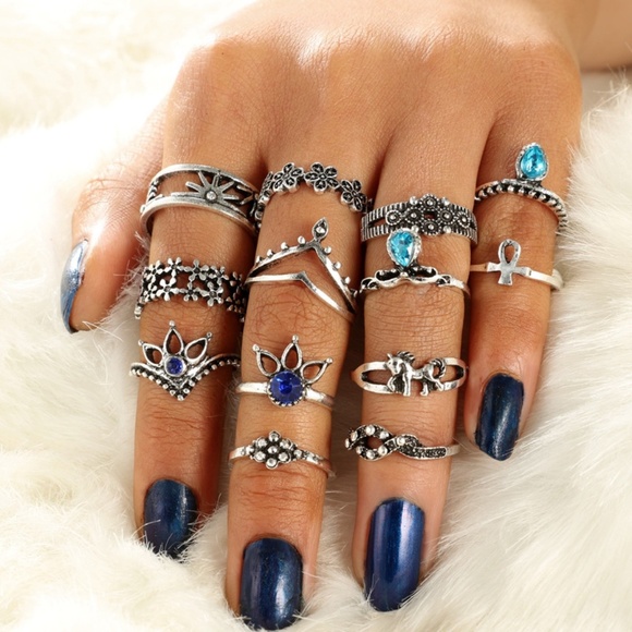 **DEBORAH* 13-Pc Silver x Blue Fashion Ring Set - Picture 1 of 8